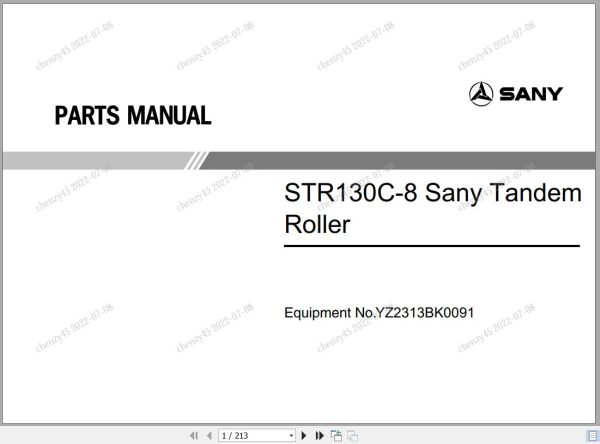 Sany Tandem Roller STR130C 8 Parts Book YZ2313BK0091 EN