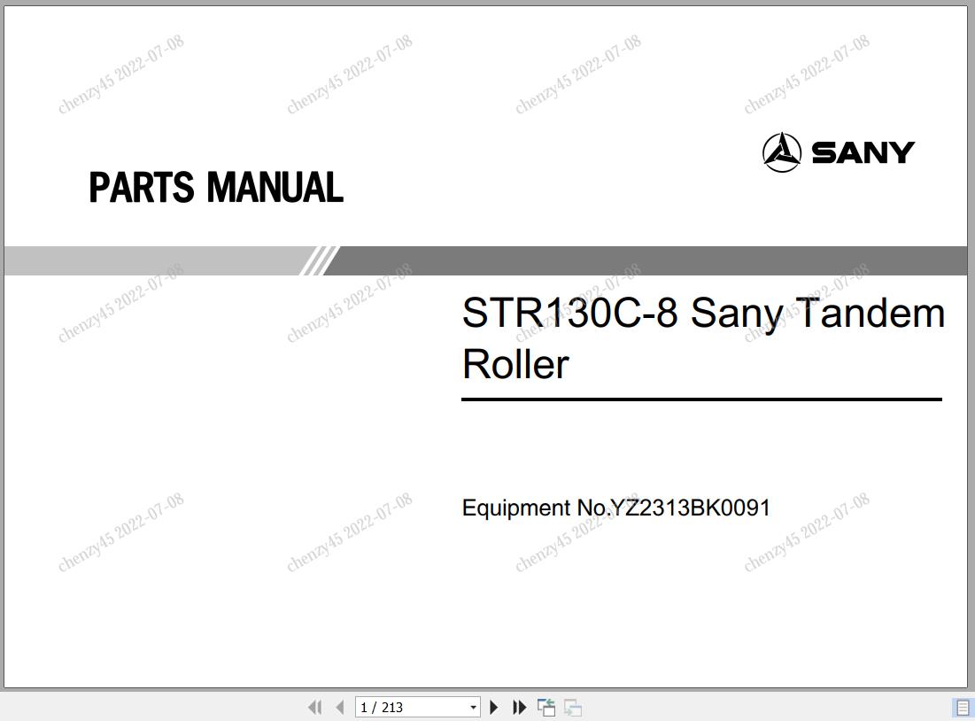 Sany Tandem Roller STR130C 8 Parts Book YZ2313BK0091 EN