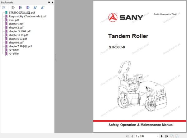Sany Tandem Roller STR30C 8 Operation and Maintenance Manual EN