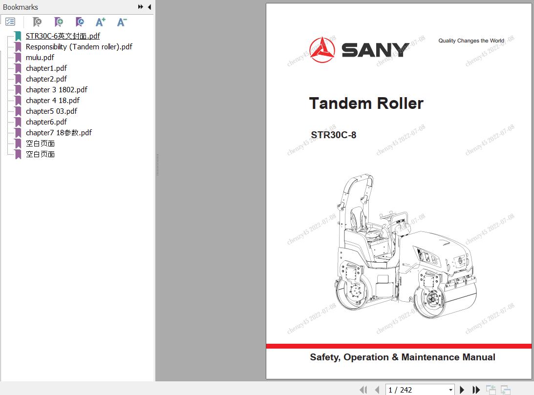 Sany Tandem Roller STR30C 8 Operation and Maintenance Manual EN