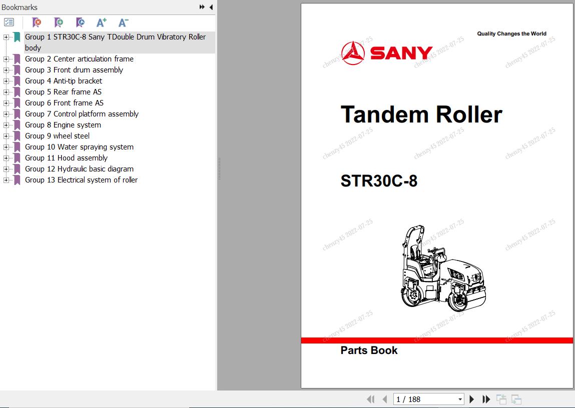 Sany Tandem Roller STR30C 8 Parts Book YZ2703CC1408 EN