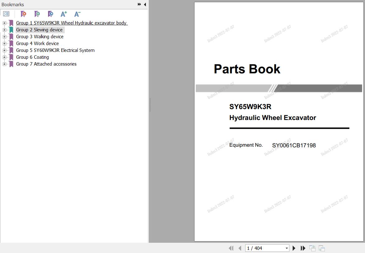 Sany Wheel Excavator SY65W Parts Book SY0061CB17198 EN