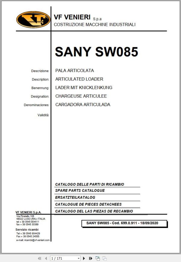 Sany Wheel Loader SW085 Spare Parts Catalog EN DE FR ES 1