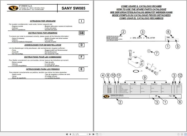 Sany Wheel Loader SW085 Spare Parts Catalog EN DE FR ES 2