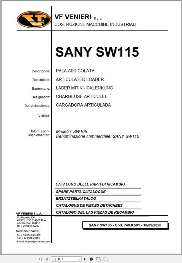 Sany Wheel Loader SW115 Spare Parts Catalog EN DE FR ES 1
