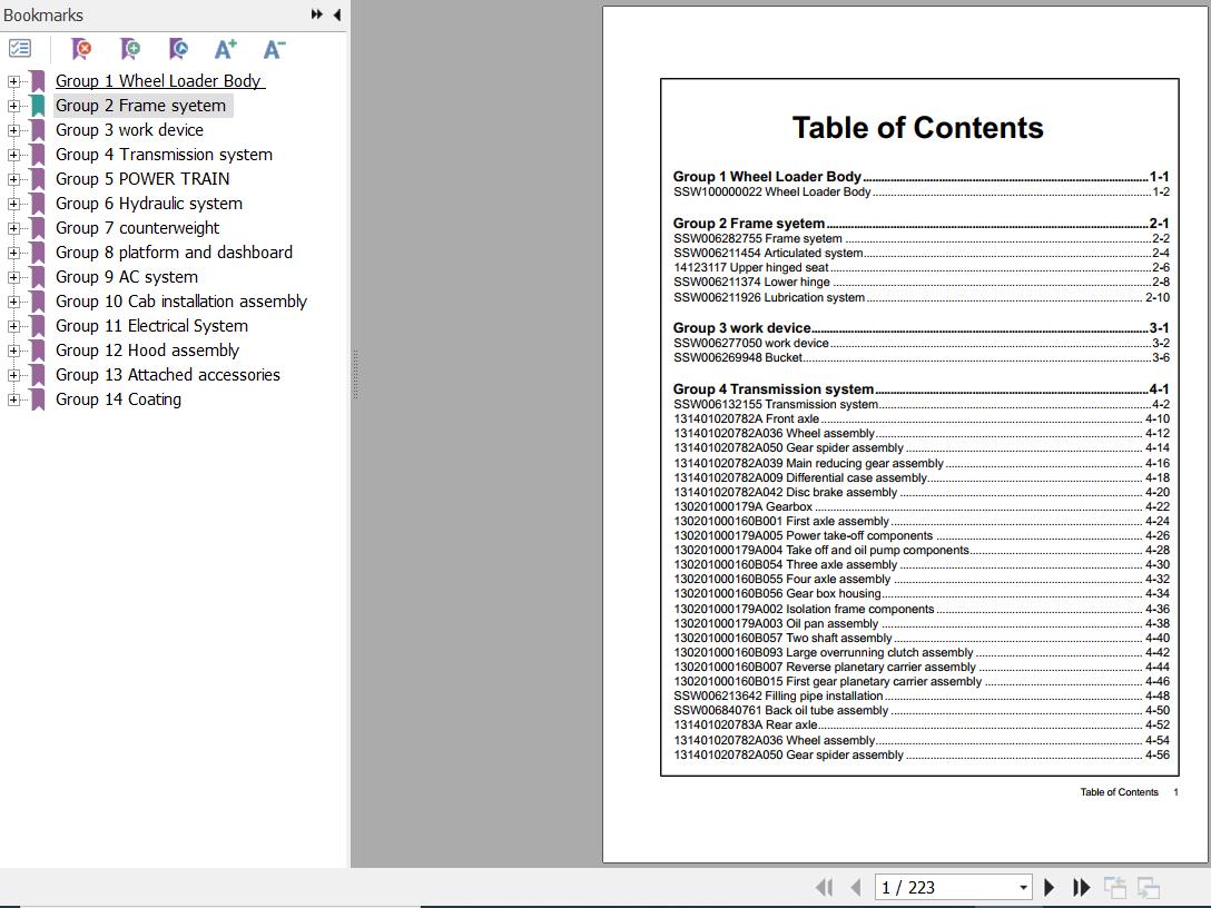 Sany Wheel Loader SW936K1 Parts Book SSW100000022 EN