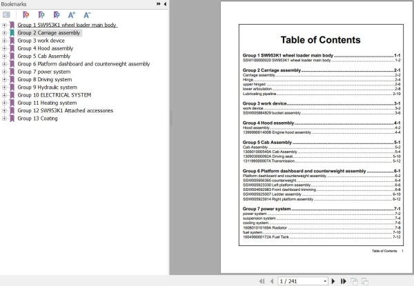Sany Wheel Loader SW953K1 Parts Book SSW100000020 EN