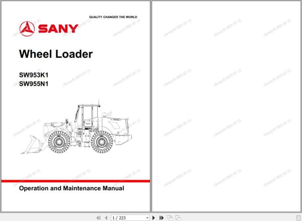 Sany Wheel Loader SW953K1 SW955N1 Operation and Maintenance Manual EN