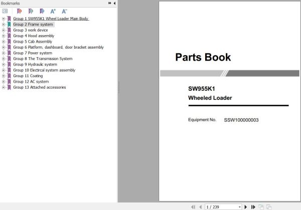Sany Wheel Loader SW955K1 Parts Book SSW100000003 EN