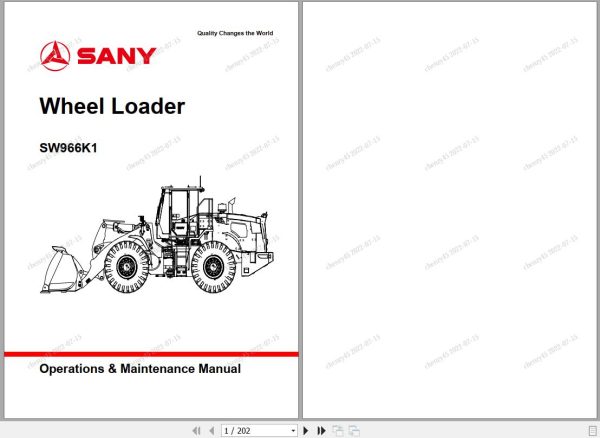 Sany Wheel Loader SW966K1 Operations and Maintenance Manual EN