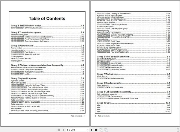 Sany Wheel Loader SW978K Parts Book SSW100000021 EN