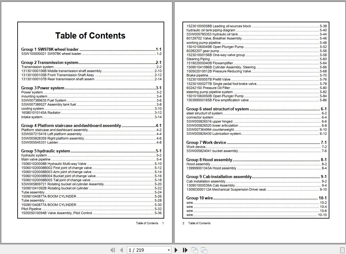 Sany Wheel Loader SW978K Parts Book SSW100000021 EN