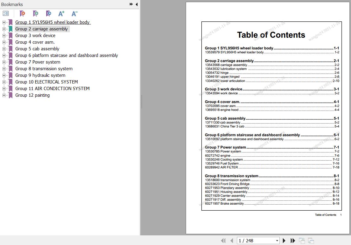Sany Wheel Loader SYL956H5 Parts Book 13539579 EN