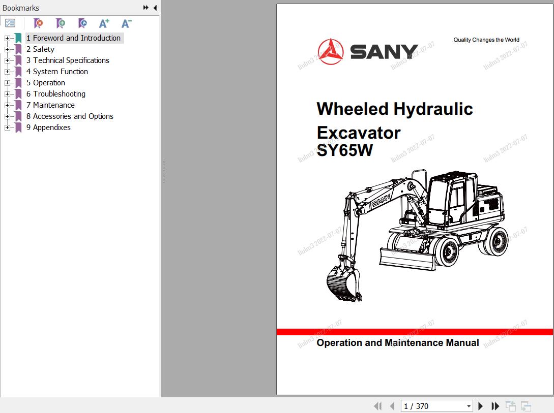 Sany Wheeled Hydraulic Excavator SY65W Operation and Maintenance Manual EN