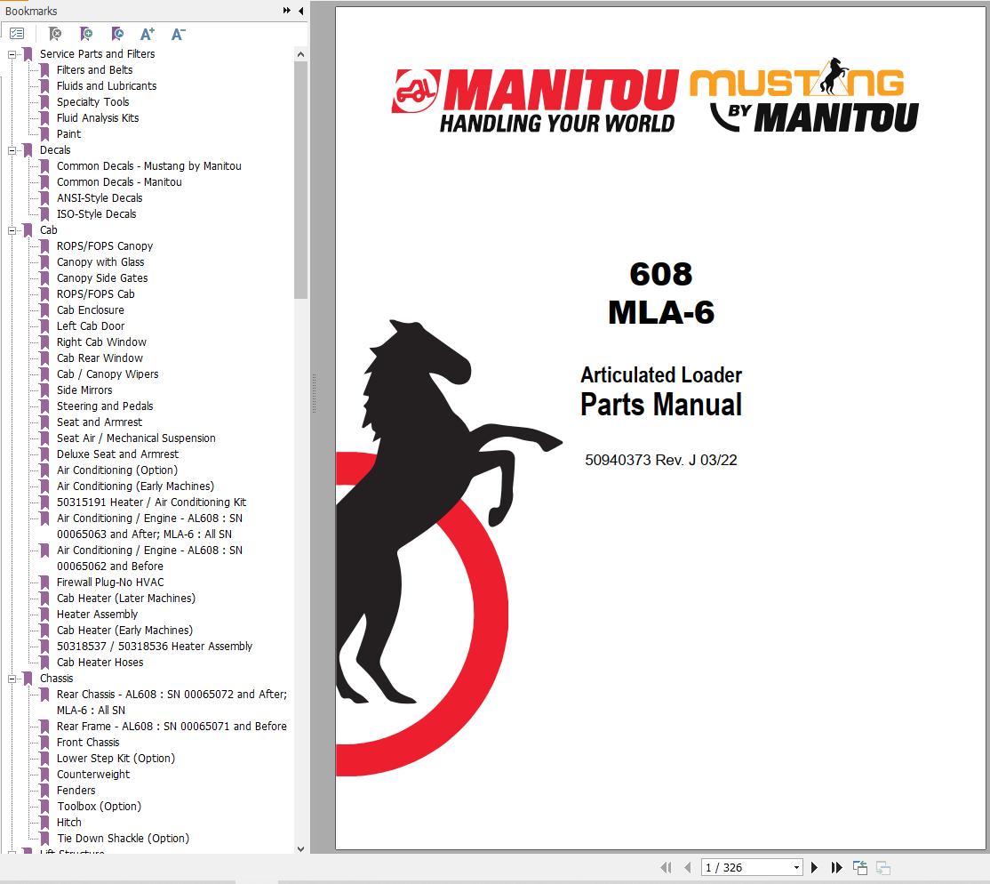 001 Manitou Articulated Loader 608 MLA 6 Parts Manual 50940373J