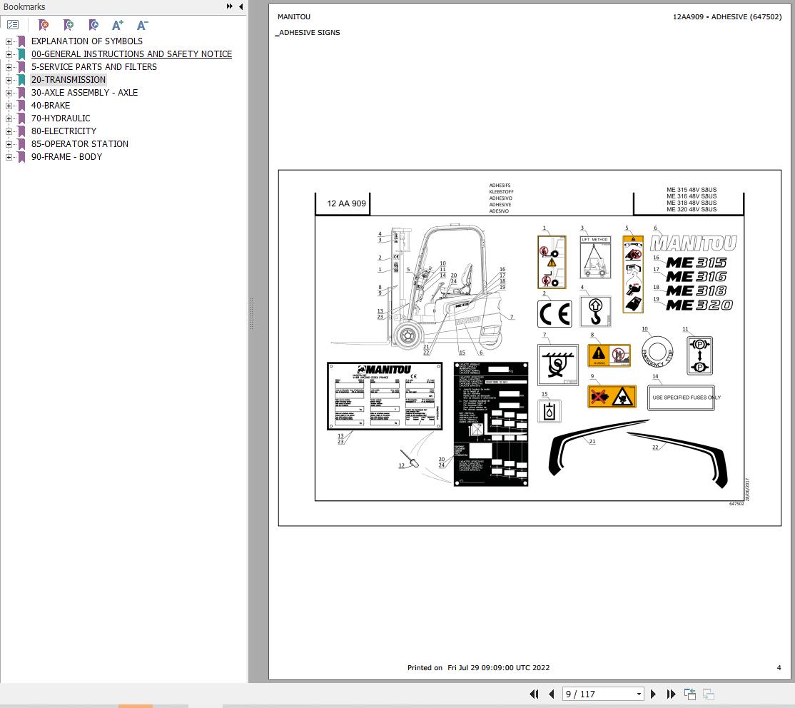 016 Manitou Forklift ME 318 48V S3 Parts Manual 647502