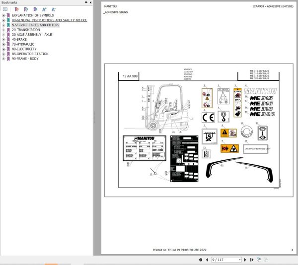 017 Manitou Forklift ME 318 48V S3 US Parts Manual 647502