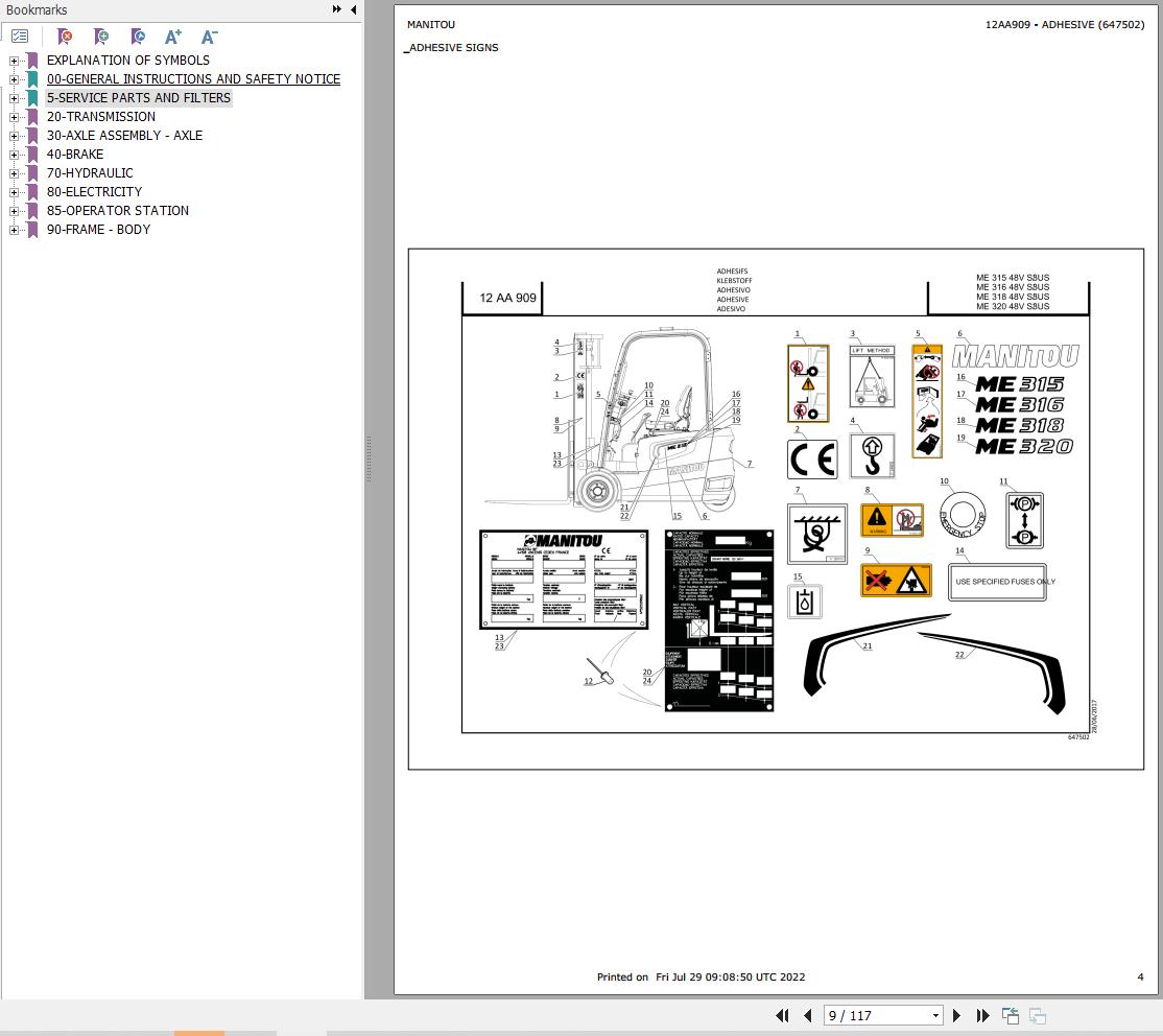 017 Manitou Forklift ME 318 48V S3 US Parts Manual 647502