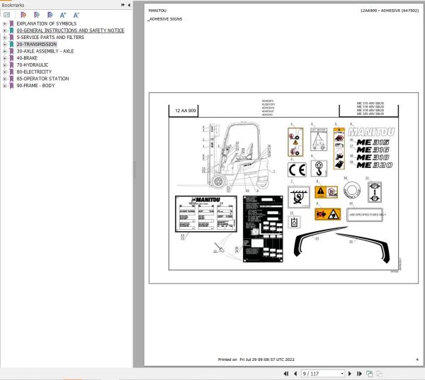 018 Manitou Forklift ME 320 48V S3 Parts Manual 647502