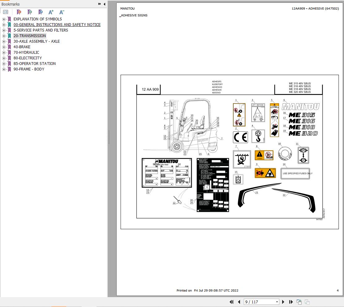 018 Manitou Forklift ME 320 48V S3 Parts Manual 647502