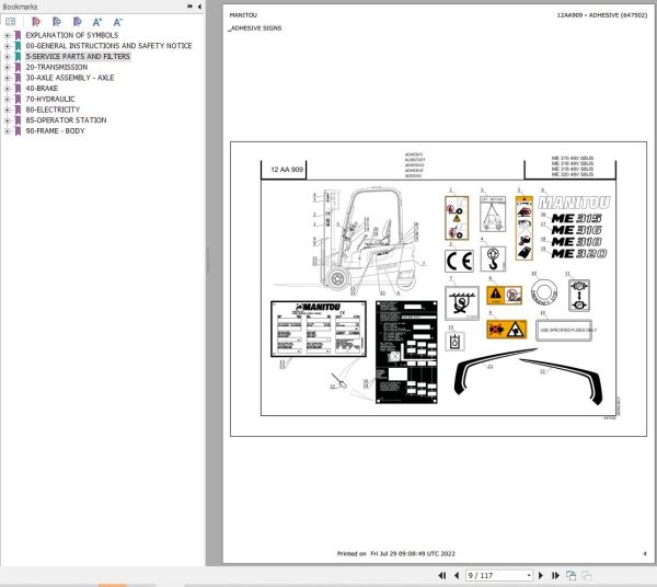 019 Manitou Forklift ME 320 48V S3 US Parts Manual 647502