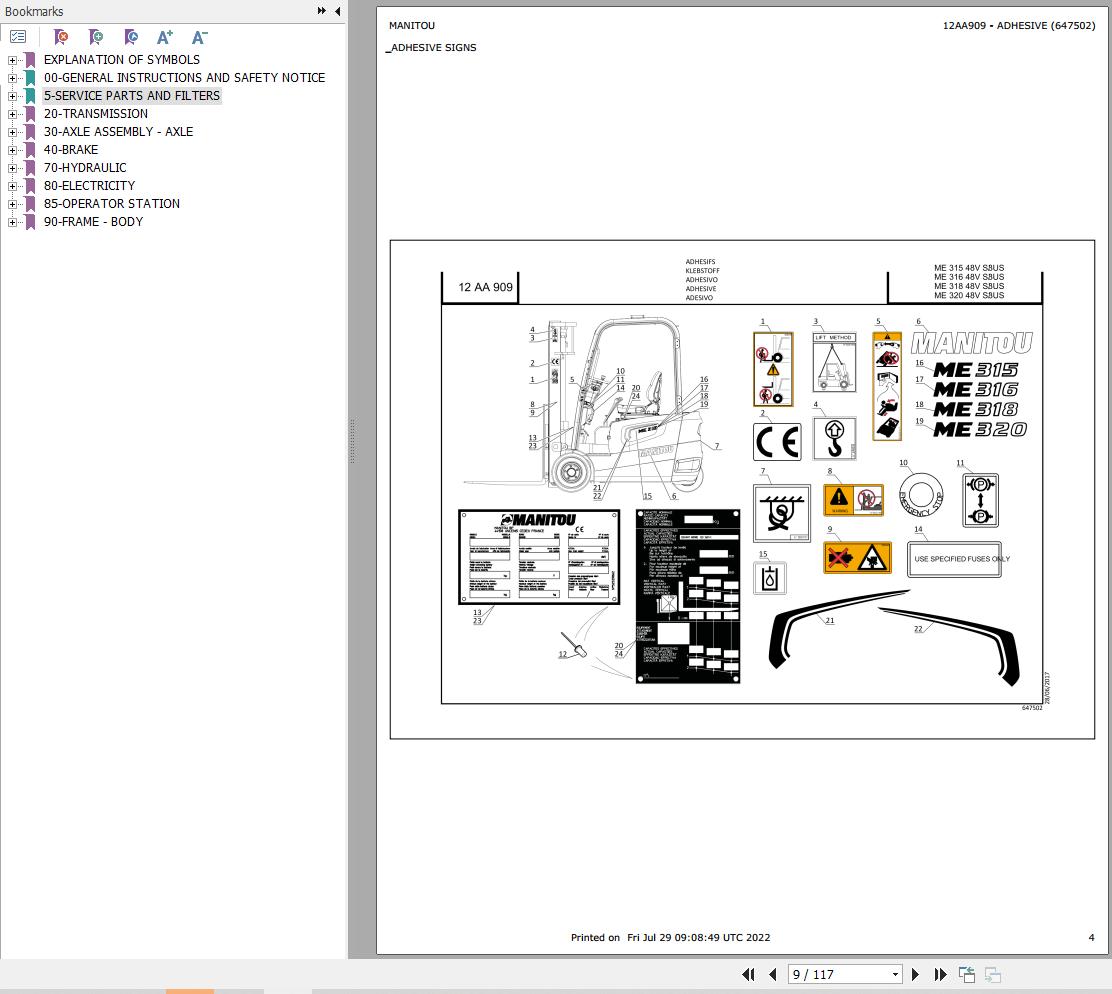 019 Manitou Forklift ME 320 48V S3 US Parts Manual 647502