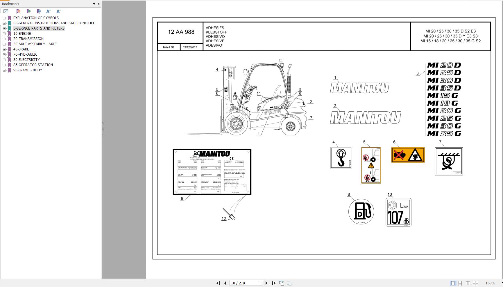 042 Manitou Forklift MI 20 D S2 E3 Parts Manual 647478