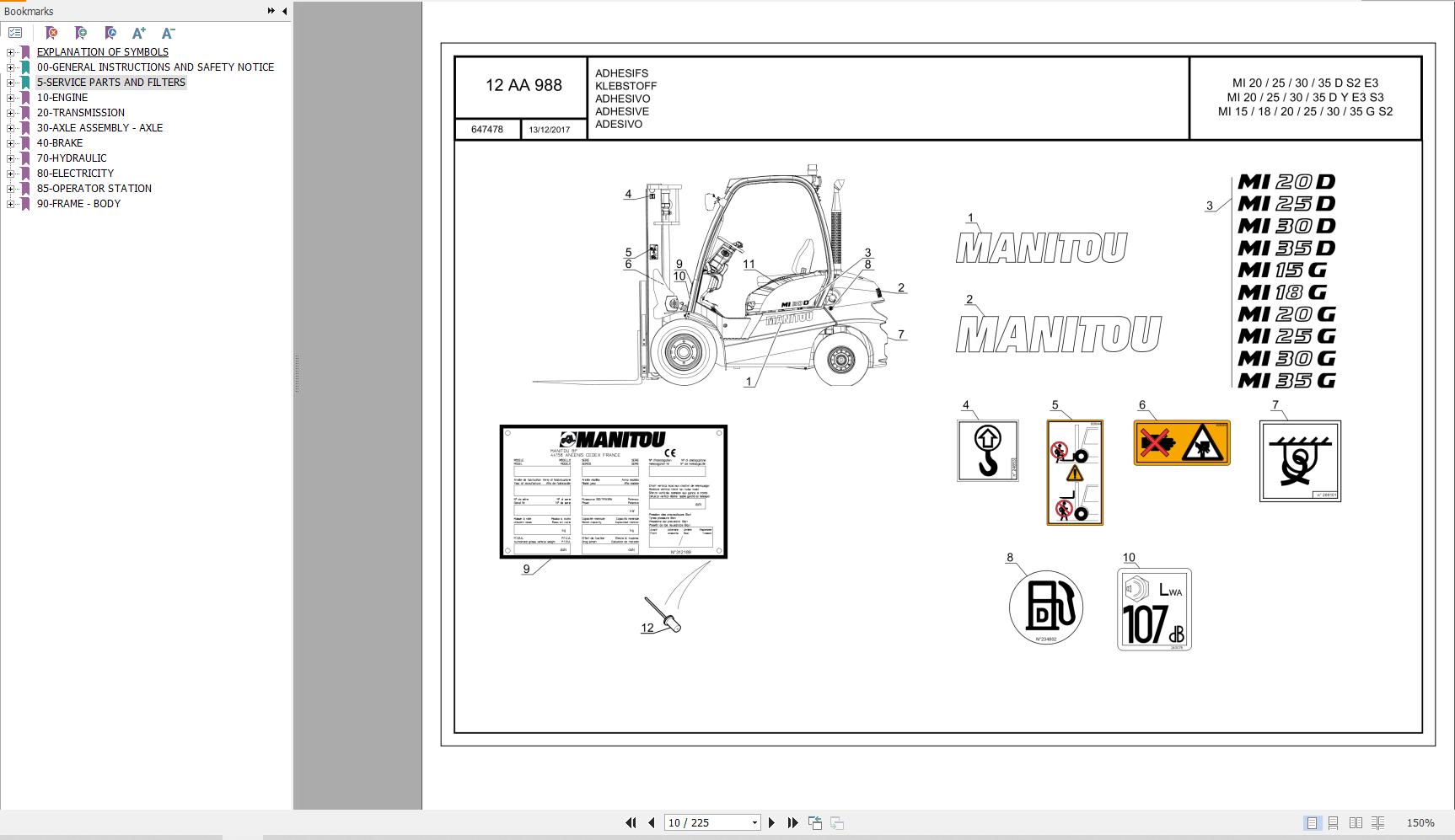 046 Manitou Forklift MI 25 D S2 E3 Parts Manual 647478