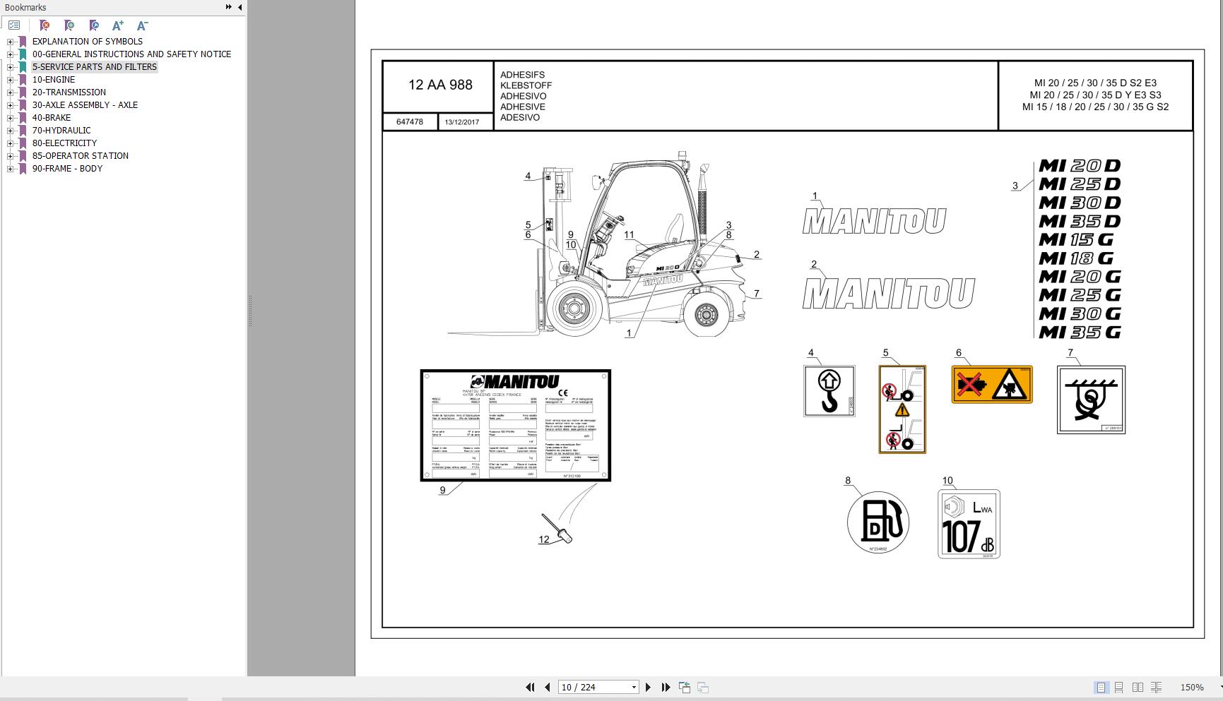 047 Manitou Forklift MI 25 D Y E3 S3 Parts Manual 647478