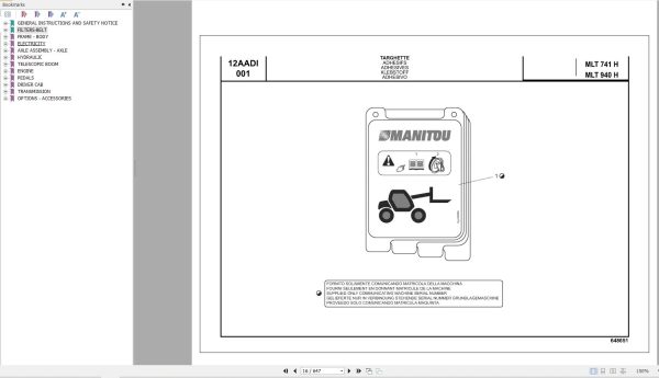 066 Manitou Forklift MLT 741 H S3 E3 MLT 940 H S3 E3 Parts Manual 648651
