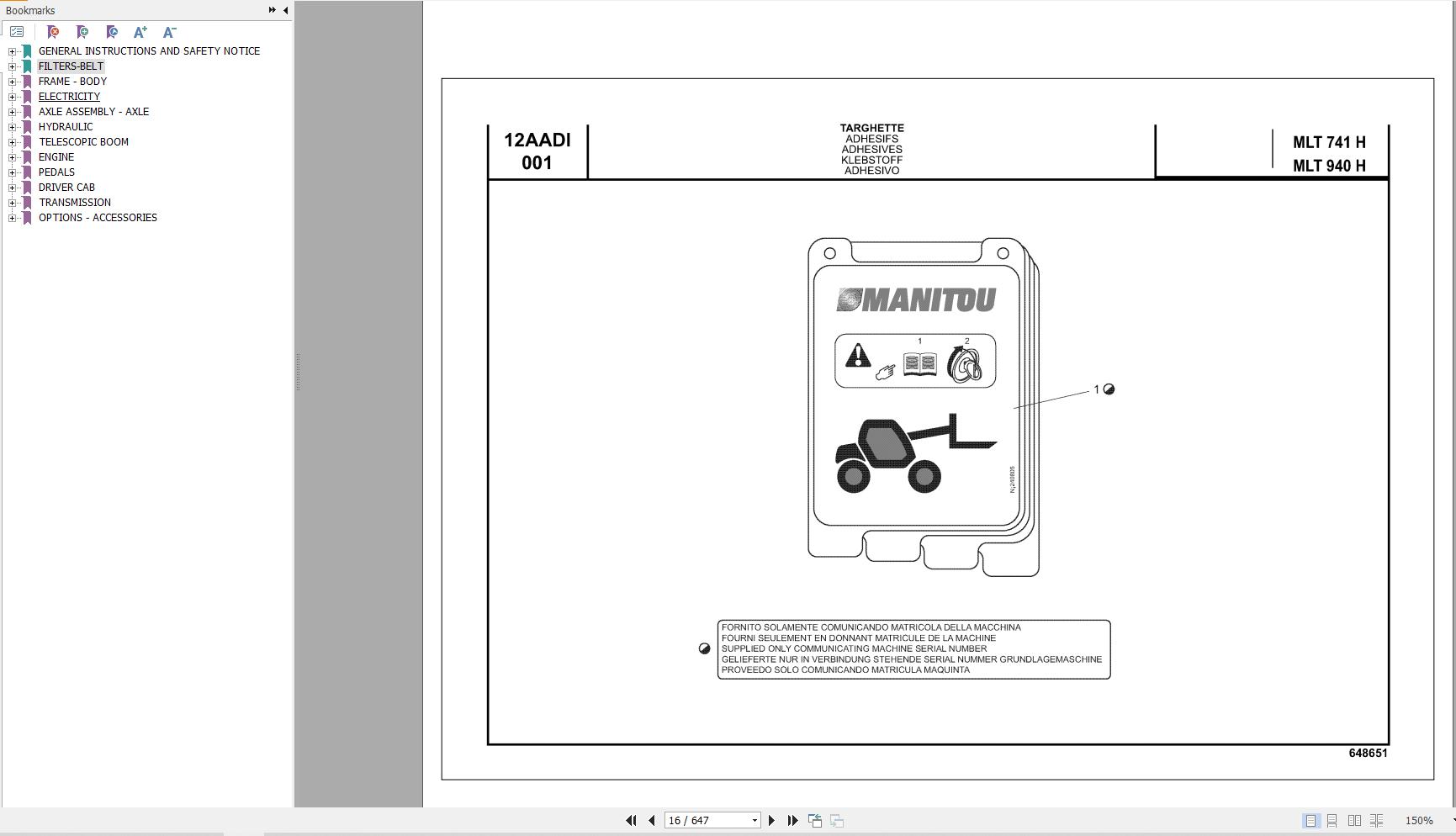 066 Manitou Forklift MLT 741 H S3 E3 MLT 940 H S3 E3 Parts Manual 648651