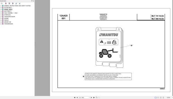 068 Manitou Forklift MLT 940 H LSU S2 E3 MLT 741 H LSU S2 E3 Parts Manual 648623