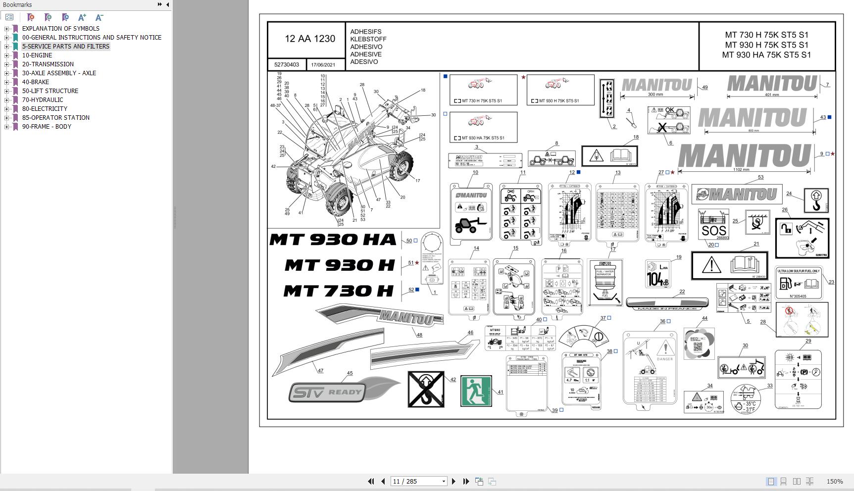 074 Manitou Forklift MT 730 H 75K ST5 S1 Parts Manual 52730403