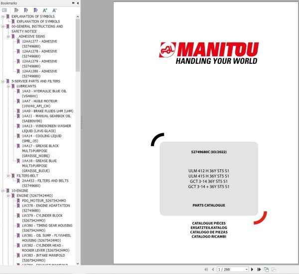 095 Manitou Telehandler ULM 412 H to GCT 3 14 36Y ST5 S1 Parts Manual 52749680