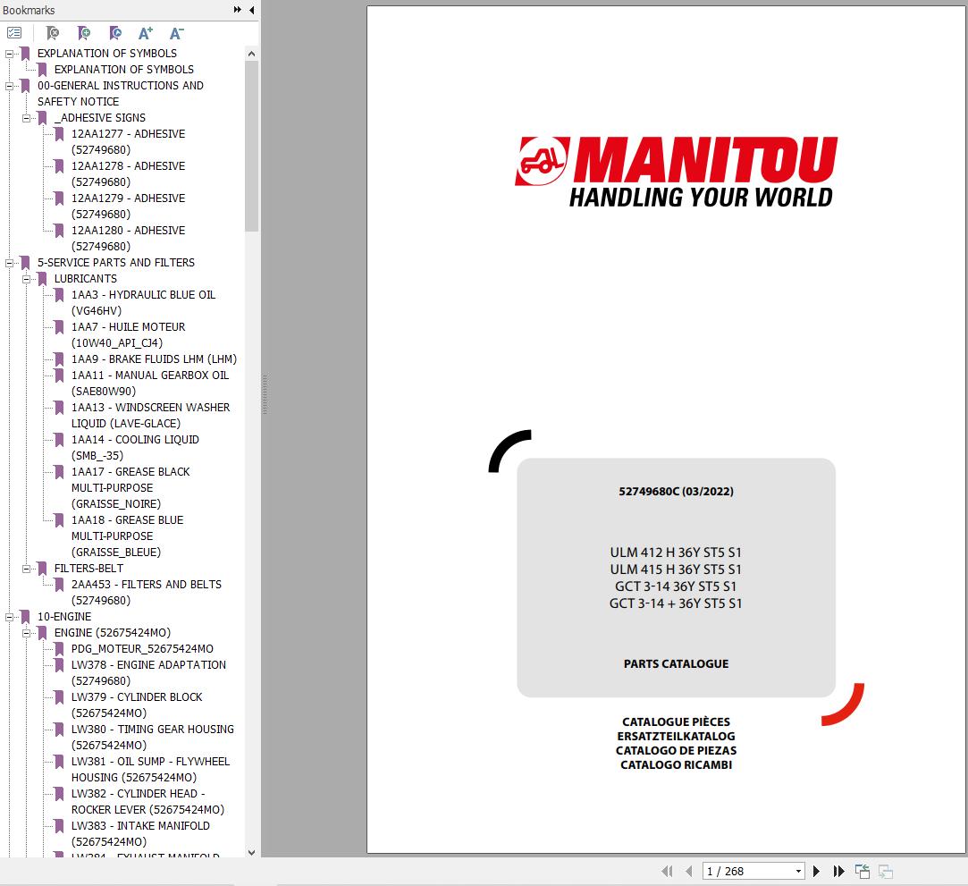 095 Manitou Telehandler ULM 412 H to GCT 3 14 36Y ST5 S1 Parts Manual 52749680