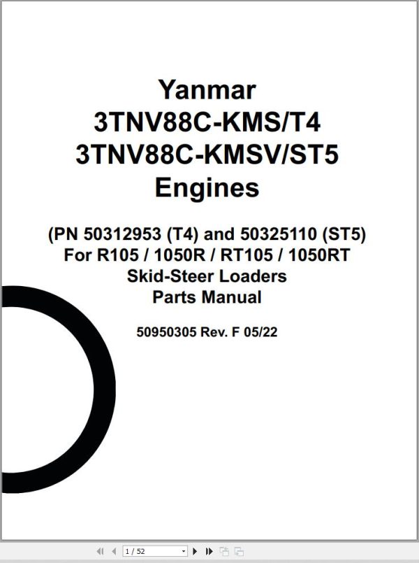 110 Yanmar Engine 3TNV88C KMS T4 3TNV88C KMSV ST5 Parts Manual 50950305F