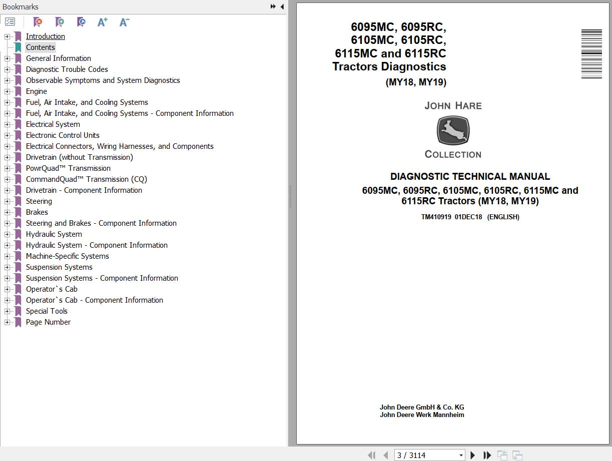 John Deere Tractors 6095MC 6095RC 6105MC 6105RC 6115MC 6115RC Diagnostic Technical Manual TM410919 1