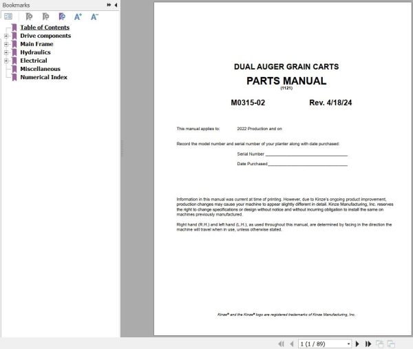 Kinze Agriculture 2024 Operators Parts Manual and Diagram 3eded53784484bca0