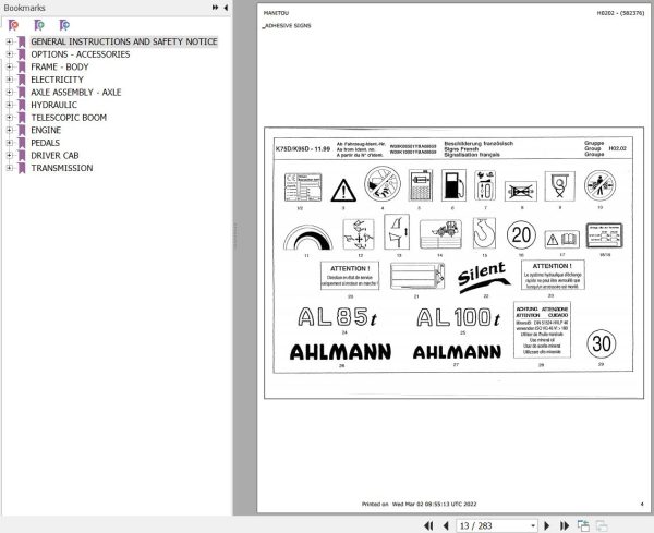 Manitou AL85T AL100T AL 100TI JOGGER 822KI 1022K 1022KI Parts Manual 582376