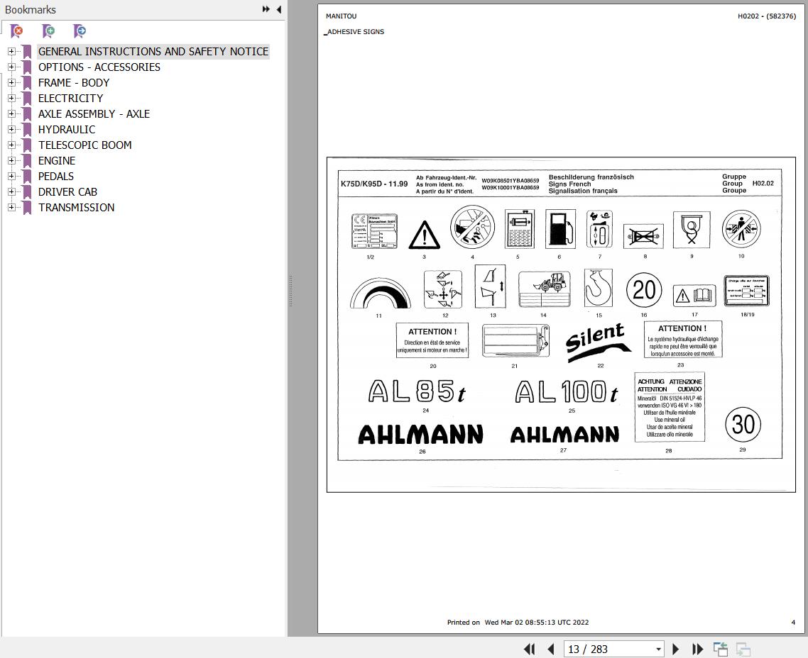 Manitou AL85T AL100T AL 100TI JOGGER 822KI 1022K 1022KI Parts Manual 582376