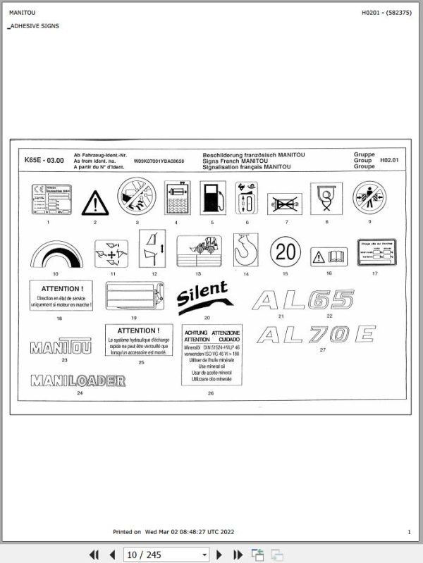 Manitou Articulated Loader AL65 AL70E Parts Manual 582375