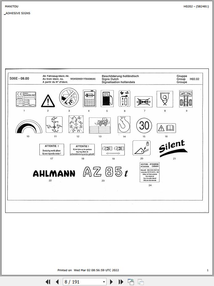Manitou Articulated Loader AZ85T Parts Manual 582481 1