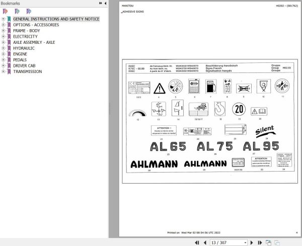 Manitou Articulated Loader JOGGER 1022K Parts Manual 581762