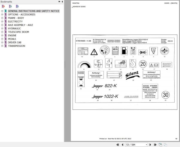 Manitou Articulated Loader JOGGER 822K Parts Manual 581762 1