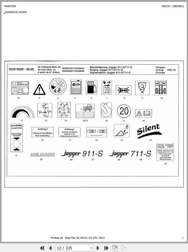 Manitou Articulated Loader JOGGER 911S Parts Manual 582481 1