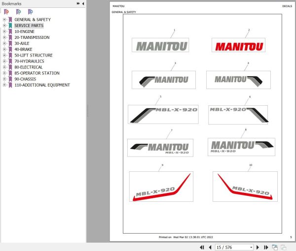 Manitou Backhoe Loader MBL X 920 Parts Catalog 1