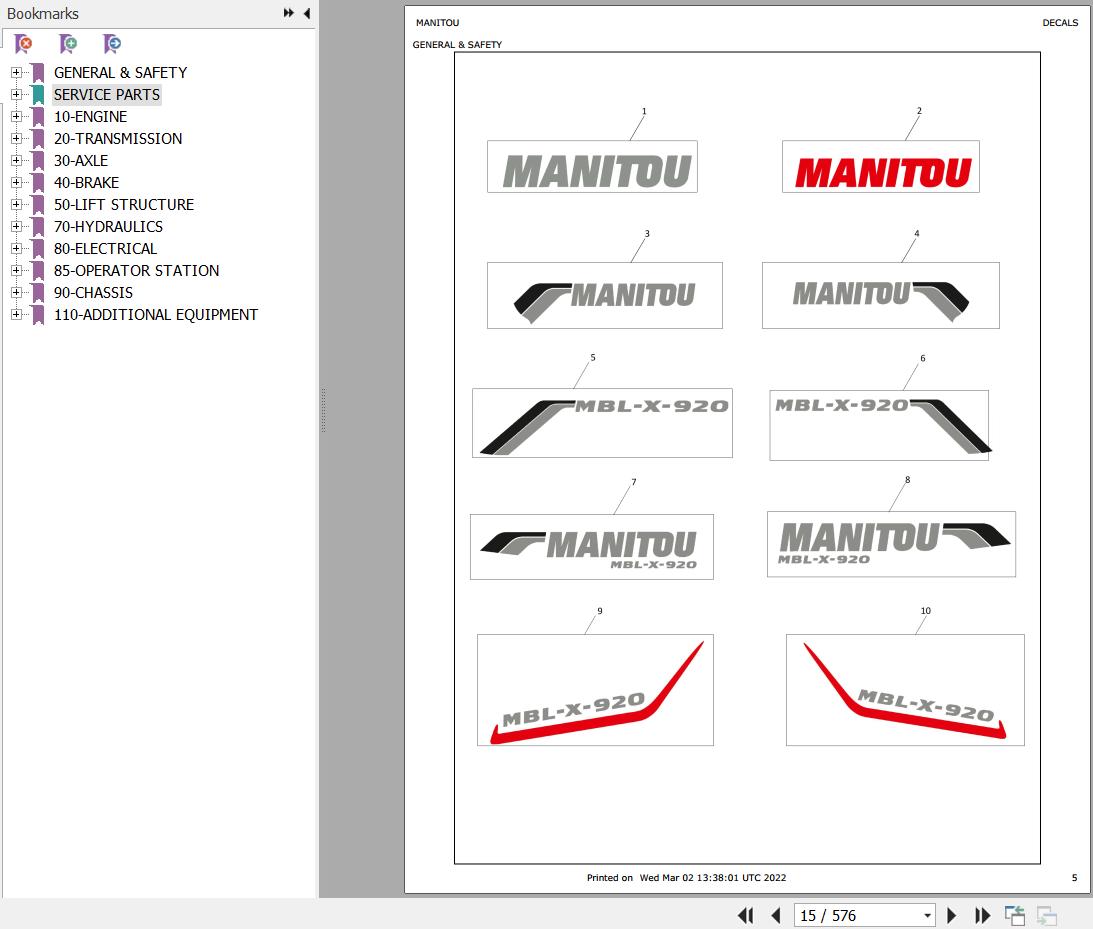 Manitou Backhoe Loader MBL X 920 Parts Catalog 1