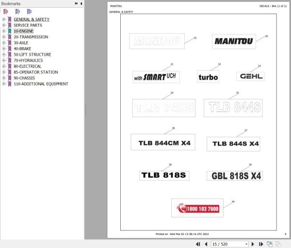 Manitou Backhoe Loader TLB818S Perkins Tier III Parts Catalog 53110095A 1
