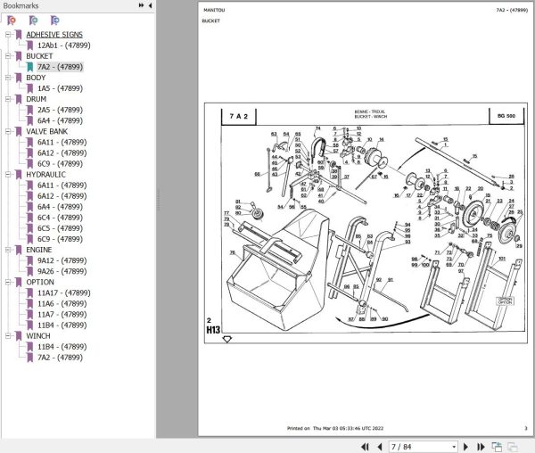 Manitou Concrete Mixer BG 500 MOT HATZ E780U Parts Catalog 647899