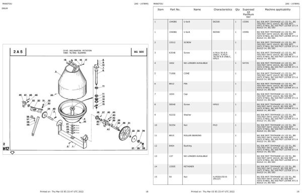 Manitou Concrete Mixer BG 500 MOT HATZ E780U Parts Catalog 647899 1